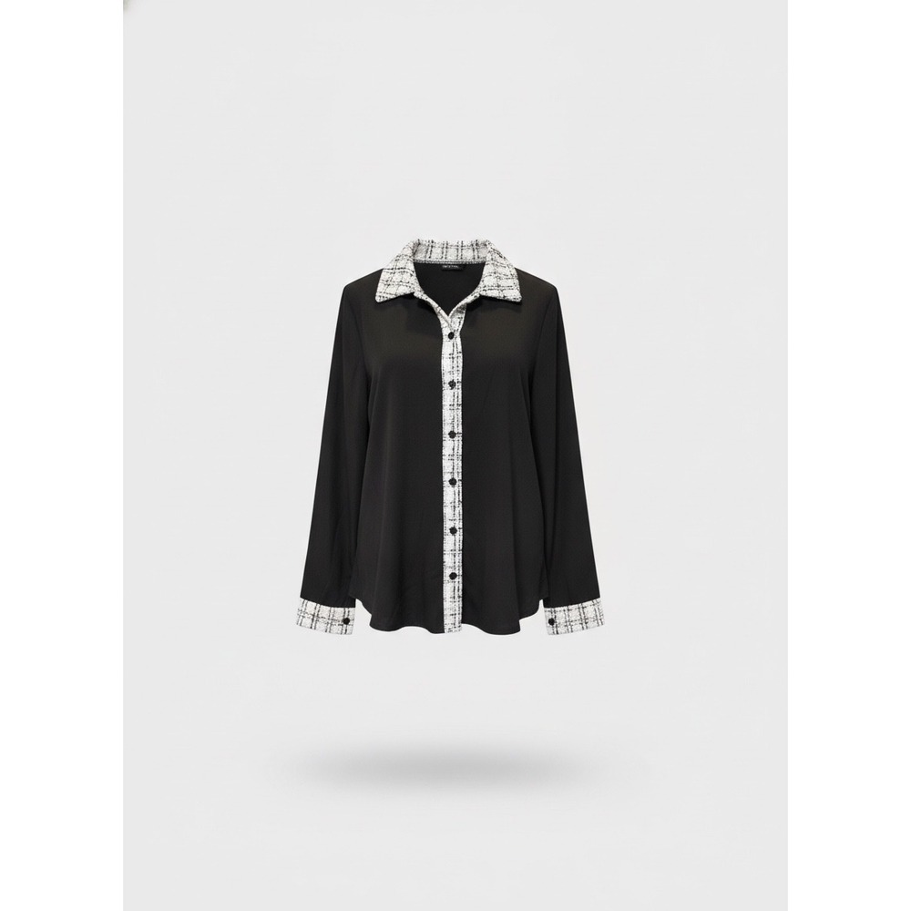 SHEIN Black Long Sleeve Blouse Tweed Contrast Collar Cuffs XL 12